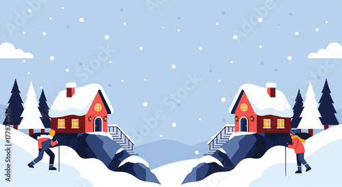 Two cozy red houses with snow-covered roofs adorn a serene winter wonderland, as hikers traverse the snowy mountain landscape.