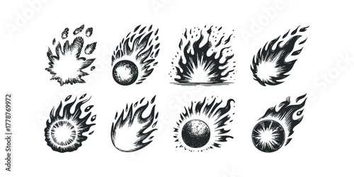 Collection of Fiery Cosmic Objects in Sketch Style