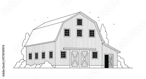 An architectural line drawing depicts a rustic gambrel roof barn with multiple windows, surrounded by simple trees and bushes, against a clear sky.