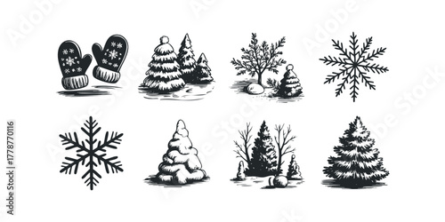 Winter hand-drawn elements including mittens and evergreen trees