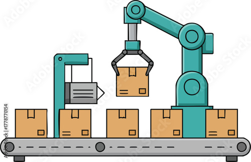 A robotic arm lifts a cardboard box from a conveyor belt with other boxes.