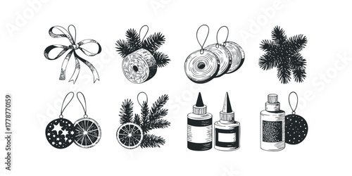 Hand drawn collection of festive holiday embellishments and craft supplies