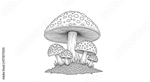 Intricate black and white line art illustration of a cluster of fly agaric mushrooms on a grassy patch, suitable for a detailed coloring page.