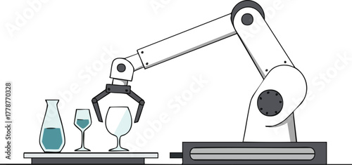 A robotic arm picks up a wine glass from a tray with a beaker and another wine glass.