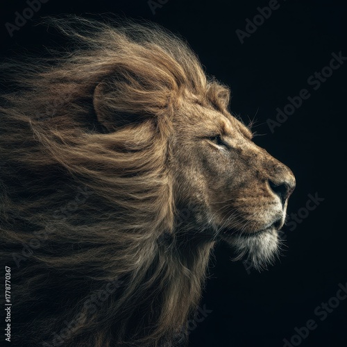Majestic Lion Profile Wind-Swept Mane in Striking Detail, Symbol of Strength