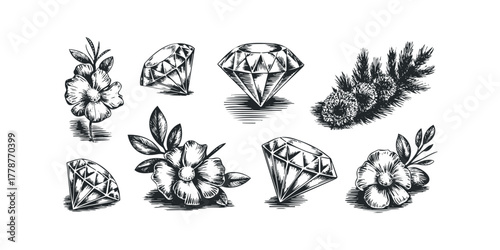 Hand drawn diamond and flower collection sketch