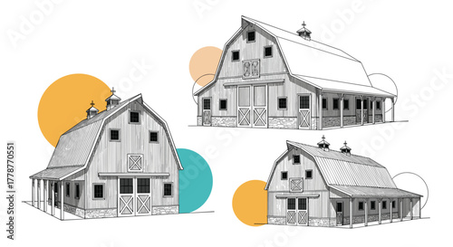 Collection of three detailed architectural illustrations showcasing different barn styles, rendered in black and white line art with subtle color accents.