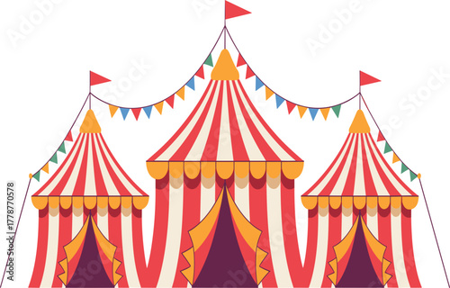 Circus Tent and Carnival Marquee Vector Illustration - Striped Big Top, Flags, and Festival Decoration