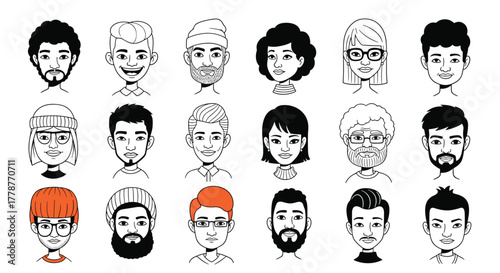 Collection of diverse hand-drawn black and white character avatars featuring various hairstyles, facial hair, and accessories.