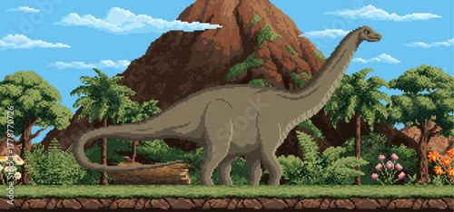 8 bit pixel art giant dinosaur character. Retro console 2d game Jurassic era dinosaur pixel vector personage. Prehistoric landscape with 8bit pixelated volcano mountain, jungle trees and brontosaurus