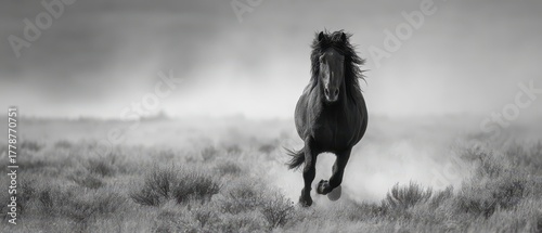 Majestic Black Horse Galloping Freely Across a Grassy Plain in Black and White