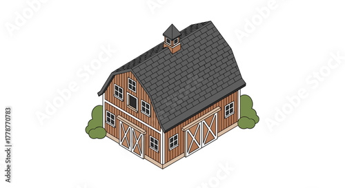 A charming isometric illustration of a traditional brown barn with a dark shingled roof, a cupola, and sliding doors, isolated on a white background.