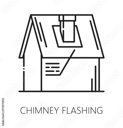 House roof chimney flashing installation line icon or sign. Home roof construction outline pictogram, house renovation thin line vector sign. Property roofing repair or maintenance company icon