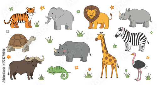 A charming collection of cute cartoon wild and safari animals, including an elephant, lion, giraffe, zebra, rhino, and tiger, illustrated on a white background.