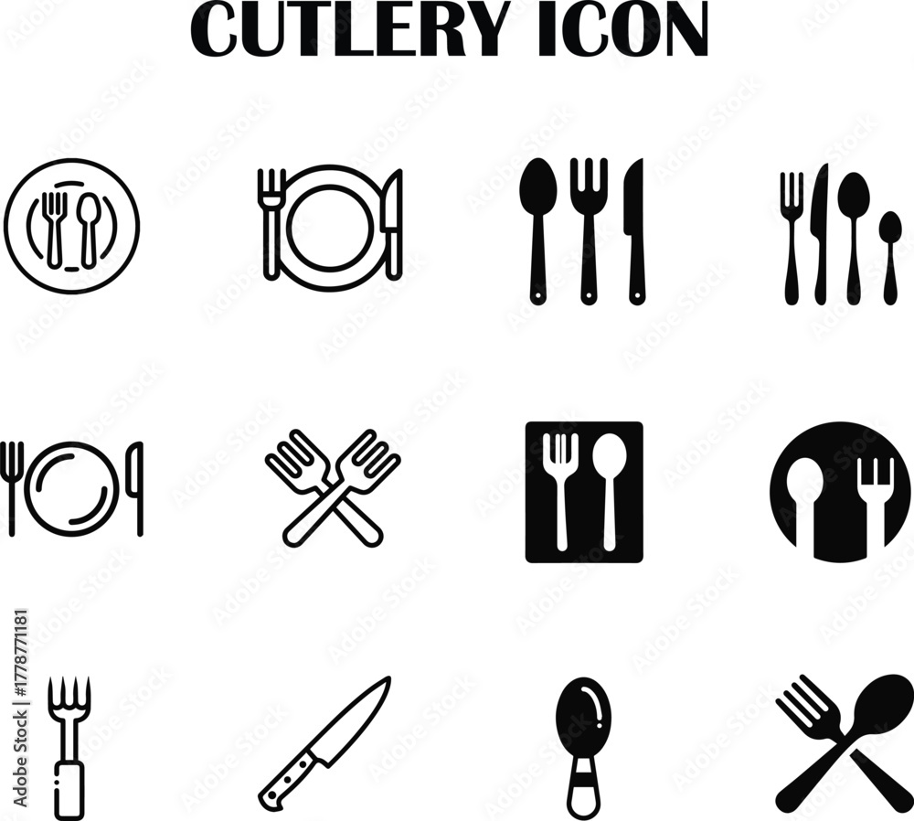 Obraz premium Minimalist cutlery icon vector — fork, knife, and spoon symbol for restaurant, food, or kitchen design