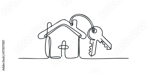 Continuous line drawing of a house and key