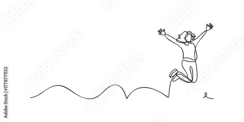 Single line drawing of a joyous person jumping with arms outstretched