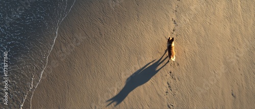 Golden Beach Path A dog strolls along the golden sand beach, leaving footprints behind