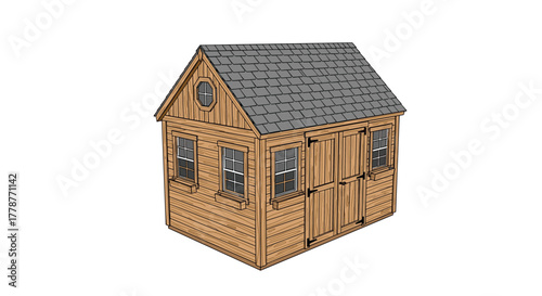 A quaint wooden backyard storage shed with a shingled gable roof, multiple windows with flower boxes, and double doors.