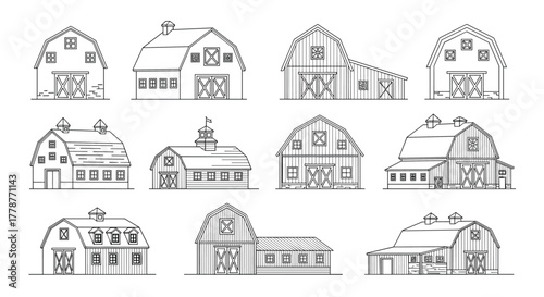 A collection of simple black and white line art illustrations depicting various traditional farm barns with diverse architectural styles and features.