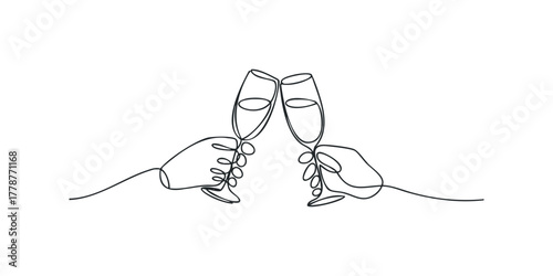 Two hands clinking champagne glasses in a continuous line drawing