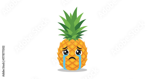 An isolated vector illustration of a crying pineapple character, featuring big tearful eyes and blue tears, against a clean white backdrop.