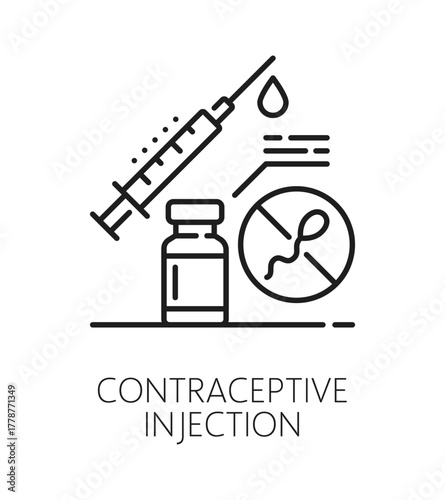 Contraceptive injection contraception method line icon or sign. Birth control lineart vector icon, pregnancy prevention technique pictogram. Contraception method sign with syringe, medication vial