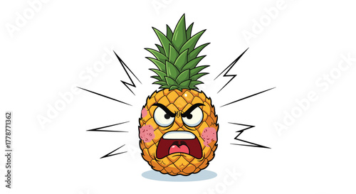 An intensely angry cartoon pineapple character screams with a wide-open mouth and furrowed brows, highlighted by expressive lines on a white background.
