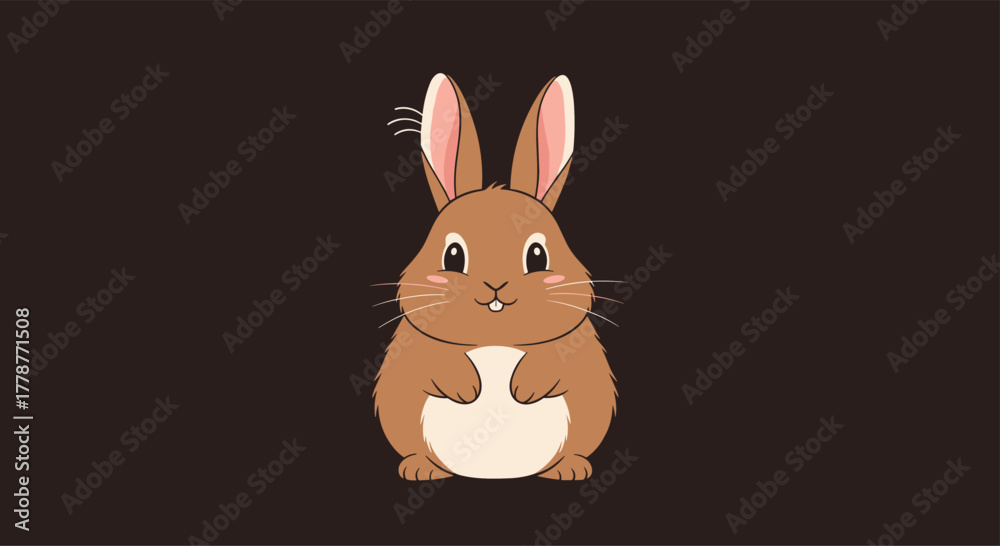 Obraz premium Cute brown cartoon rabbit standing upright with a friendly smile, featuring big ears and white whiskers on a dark background.