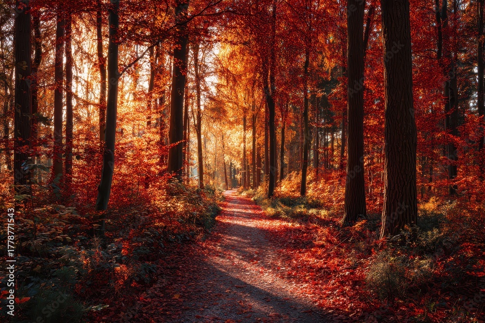 Obraz premium Sunlit autumn forest path covered with vibrant red leaves and golden light illuminating the trees during a peaceful afternoon stroll in nature's tranquility
