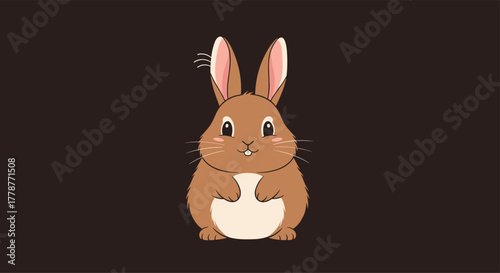 Cute brown cartoon rabbit standing upright with a friendly smile, featuring big ears and white whiskers on a dark background.