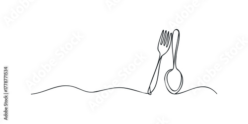 Single line drawing of fork and spoon on white background