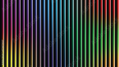 Abstract colorful background with  black stripes, bright colorful RBG gradient. Ribbed abstract color gradation texture, sphere noise effect. Corrugated background with luminous ridges.