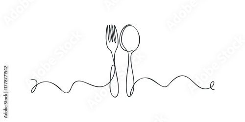Minimalist line art fork and spoon with wavy line