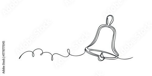 Single line drawing of a ringing bell with a trailing cord