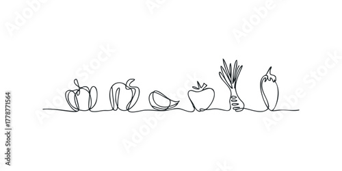 Line drawing of assorted vegetables on white