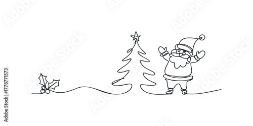 Line drawing of a happy Santa Claus next to a Christmas tree
