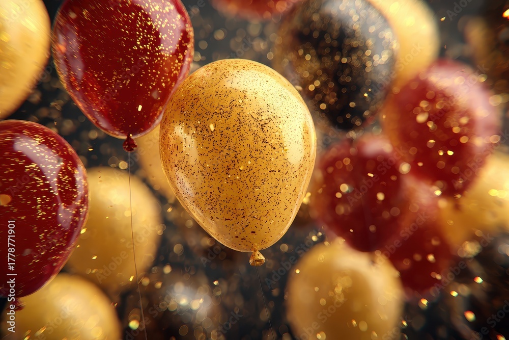 Naklejka premium Festive balloons filled with gold glitter floating in the air create a vibrant atmosphere for celebration during a joyful event