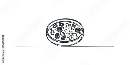 Hand drawn line art of petri dish with microbes