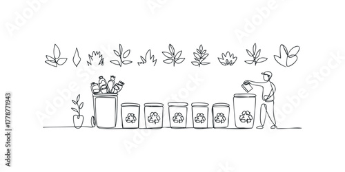 Line drawing of person recycling items into containers with plants