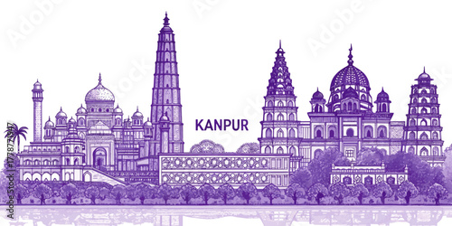 Kanpur Skyline Sketch with Cultural Heritage Touch Featuring JK Temple, Allen Forest Zoo, Phool Bagh, and Ganga Barrage – Perfect for Tourism, Posters, and Wall Art