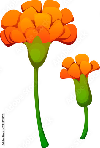 Day of the Dead holiday, Dia De Los Muertos marigold flower. Day of the Dead attribute, Dia de Los Muertos celebration isolated cartoon vector object. Mexican holiday marigold flowers on green stem
