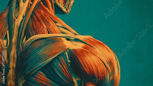 Close up visualization depicts the intricate structure of human upper body musculature against a solid background