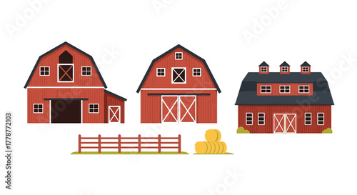 Cartoon vector illustration set featuring various red barns, a rustic wooden fence, and stacks of golden hay bales.