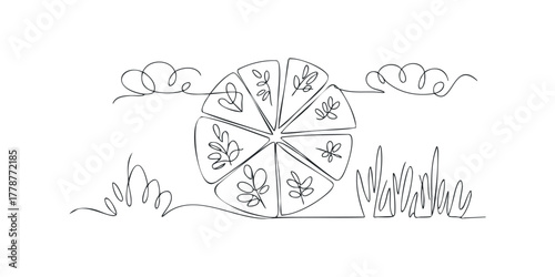 Single line drawing of citrus fruit slices with leaves