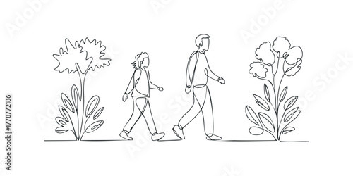 Man and child walk past abstract plants