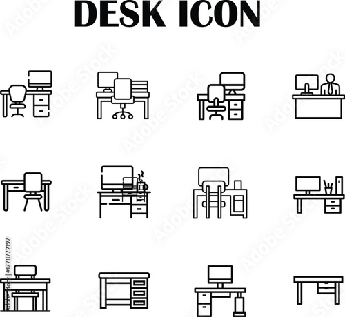 Modern office desk vector icon – minimalist symbol for work, study, and productivity concepts