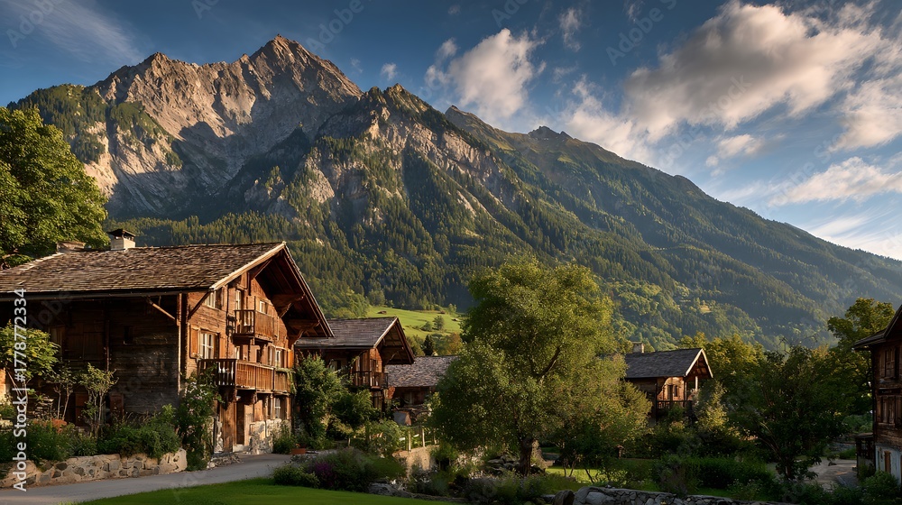 Fototapeta premium Traditional wooden alpine chalets nestled at the base of a massive, sunlit mountain range