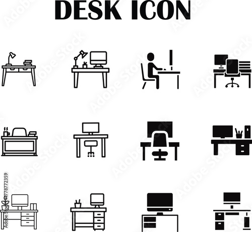 Modern office desk vector icon – minimalist symbol for work, study, and productivity concepts