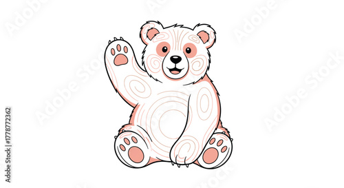 An adorable cartoon polar bear character sits happily and waves, illustrated with unique decorative spiral patterns and a sweet face.
